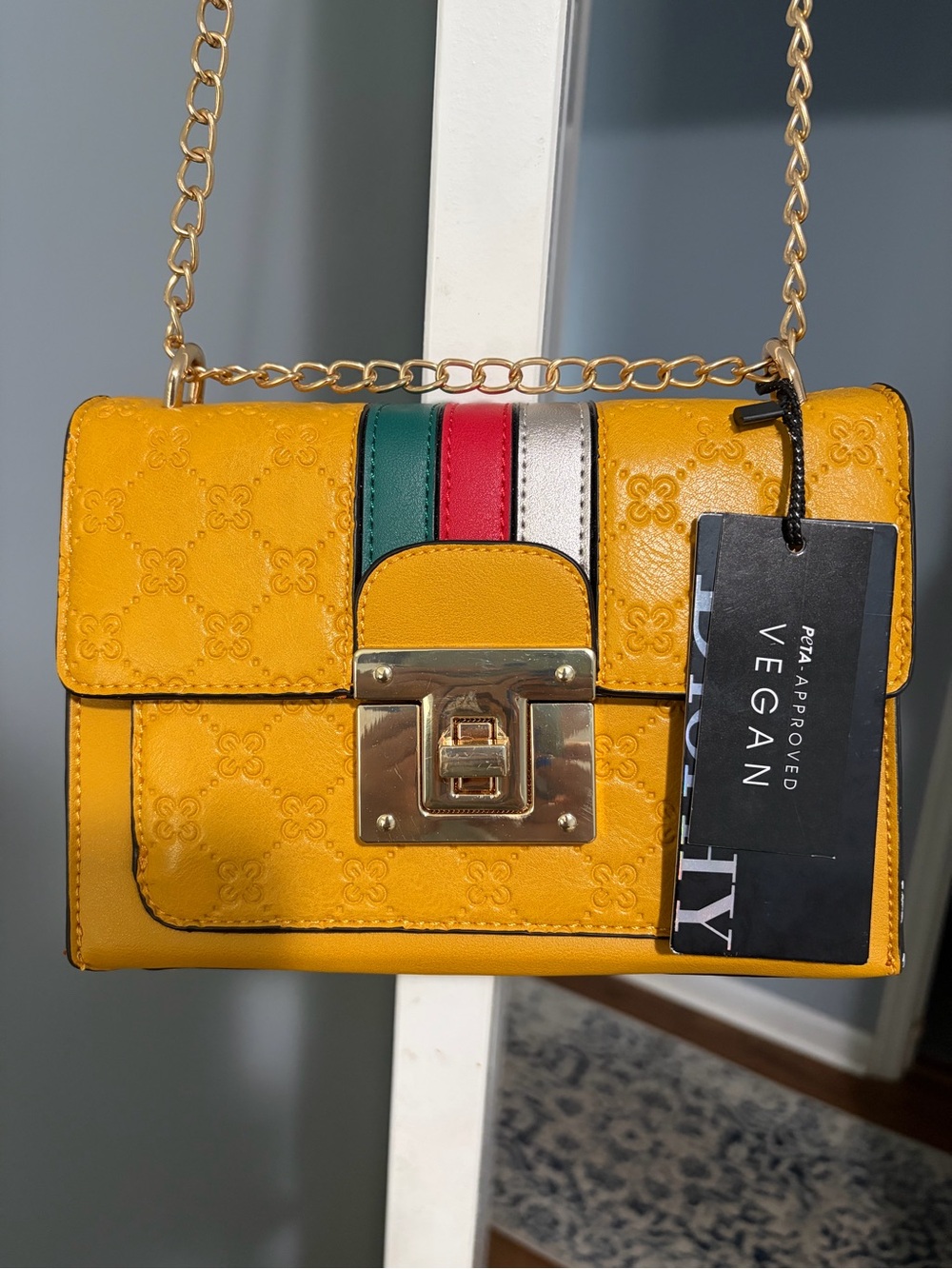 Yellow Vegan Shoulder Bag with Gold Chain and Tricolor Stripe